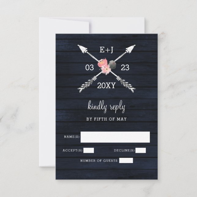 Cartons Réponse Navy Blush Grange bois pays chic mariage (Devant)
