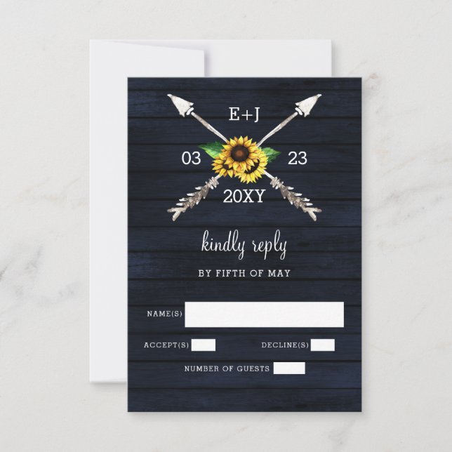 Cartons Réponse Navy Sunflowers Grange bois pays chic mariage (Devant)