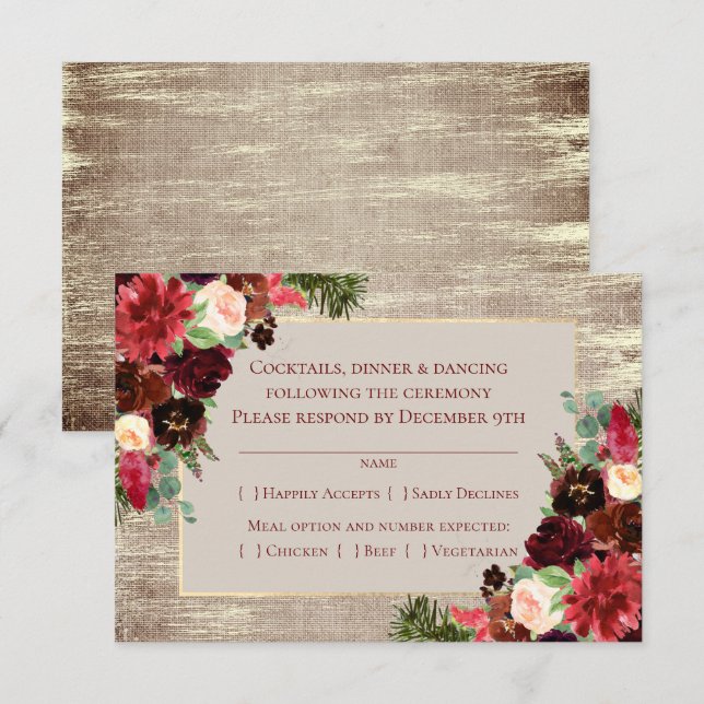 Cartons Réponse Noël Russe Boho Floral Marsala Burlap Entree (Devant / Derrière)