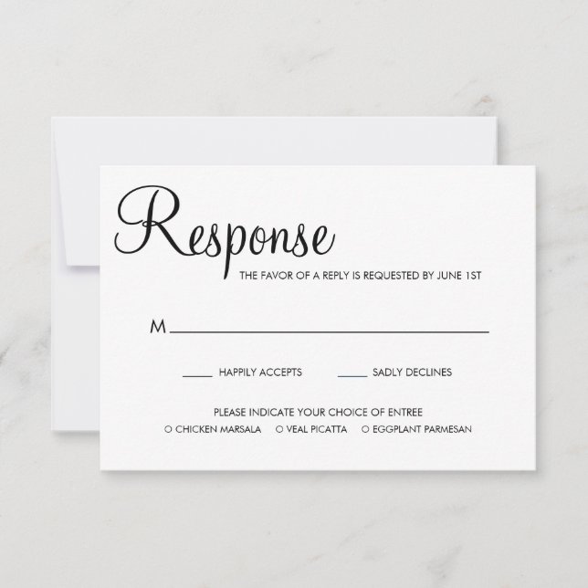 Cartons Réponse Noir et blanc Élégant Script Mariage de choix de r (Devant)