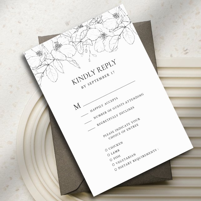 Cartons Réponse Noir et blanc minimaliste Floral Mariage moderne (Créateur téléchargé)