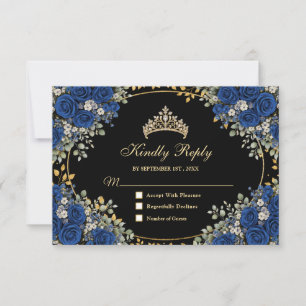 Cartons Réponse Noir et bleu royal papillon de Quinceañera doré