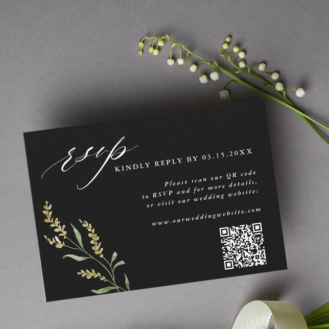 Cartons Réponse Noir Fleur sauvage élégant mariage Code QR (Créateur téléchargé)