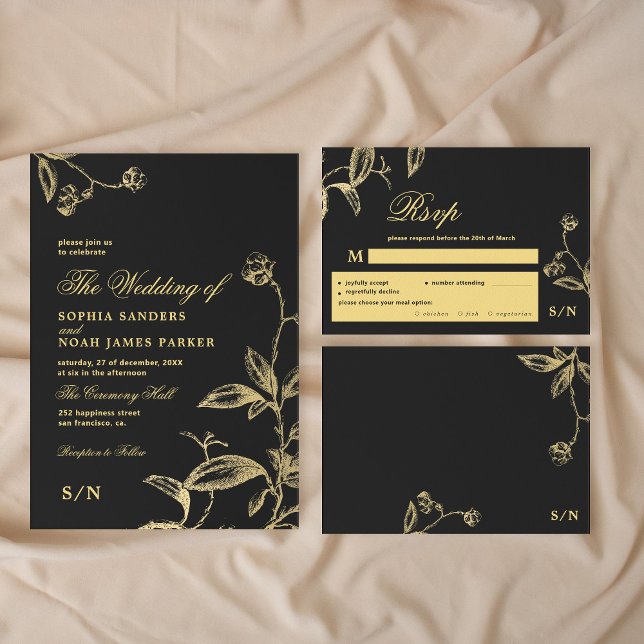 Cartons Réponse Noir or élégant monogramme choix de repas mariage (The invitation can be purchased separately )