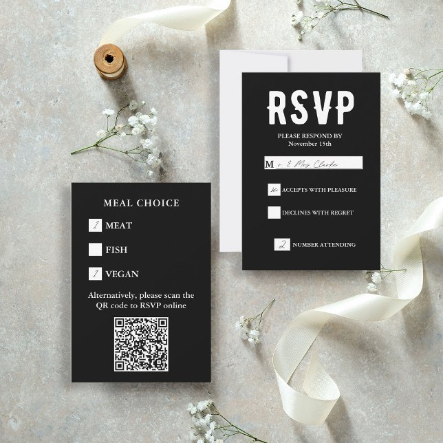 Cartons Réponse Noir QR Code Mariage de choix de repas (Black QR Code Meal Choice Wedding RSVP Card
)