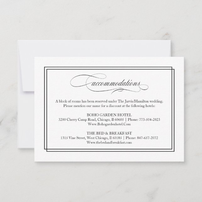 Cartons Réponse Noir Script Élégant Mariage Hébergements (Devant)