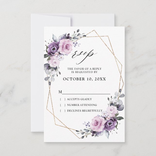 Cartons Réponse Nuances de pourpre Dusty Blooms Mariage géométriqu (Devant)