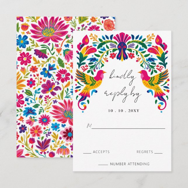 Cartons Réponse Oiseaux mexicains Otomi Vibrant Floral Fiesta Mari (Devant / Derrière)