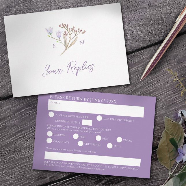 Cartons Réponse Option de repas pour mariage automnal bohème viole (Créateur téléchargé)