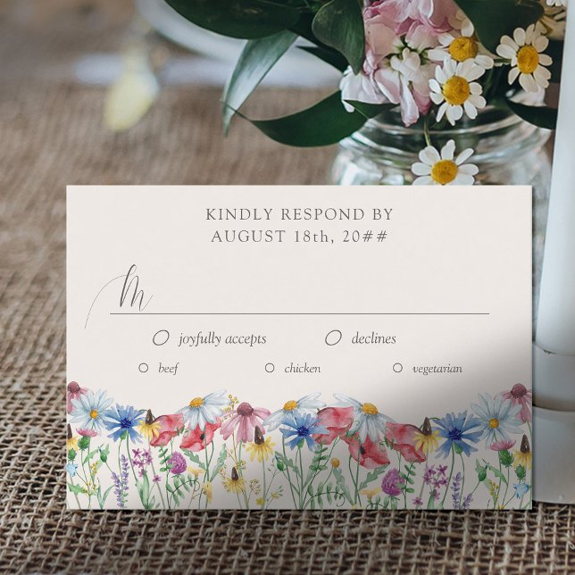 Cartons Réponse Options de l'arborescence du Mariage de pays fleur (Wedding Reception RSVP with editable meal options and wildflower border. )