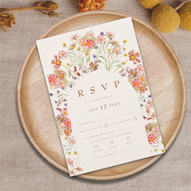 Cartons Réponse Options de repas floraux bohèmes en terre cuite d' (Boho fall wildflower wedding RSVP card terracotta burnt orange beige brown modern elegant)
