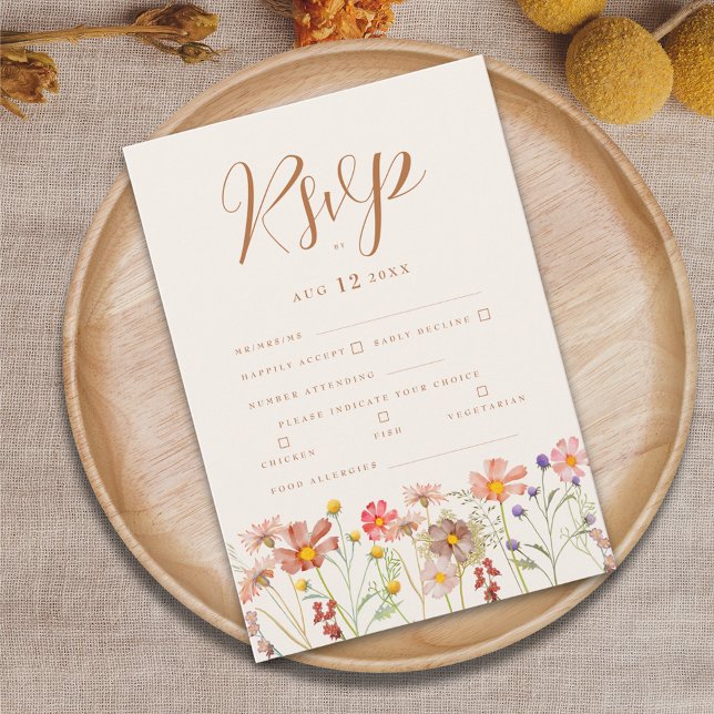 Cartons Réponse Options de repas floraux bohèmes en terre cuite d' (Boho wildflower fall wedding rsvp card terracotta burnt orange beige brown autumn watercolor florals)