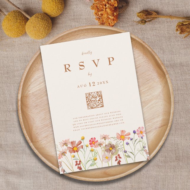 Cartons Réponse Options de repas floraux bohémiens en terre cuite  (Boho rustic Wildflower meadow fall Wedding details card watercolor autumn spring summer florals)