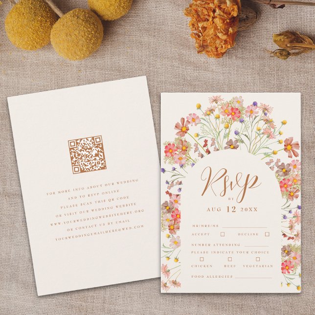 Cartons Réponse Options de repas floraux bohémiens en terre cuite  (Boho fall Wildflower floral arch Wedding RSVP card terracotta burnt orange beige cream)