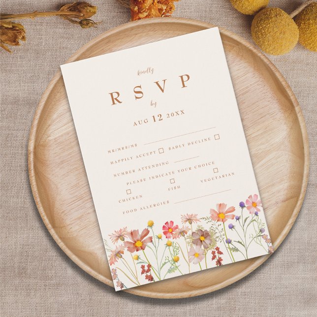 Cartons Réponse Options de repas floraux boho en terre cuite d'aut (Boho fall wildflower wedding rsvp card with autumn watercolor florals and elegant terracotta script)