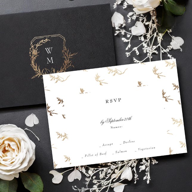 Cartons Réponse or classique noir blanc monogramme crête mariage (Créateur téléchargé)