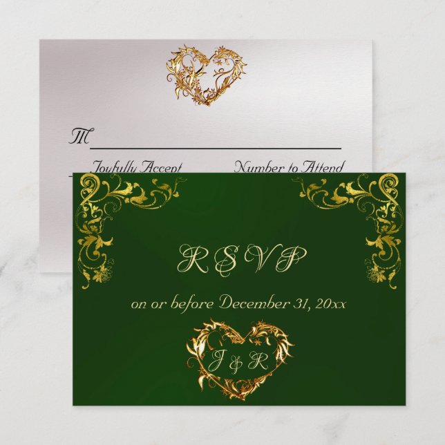 Cartons Réponse Ornate Frame & Heart - Emerald/Gold (Devant / Derrière)
