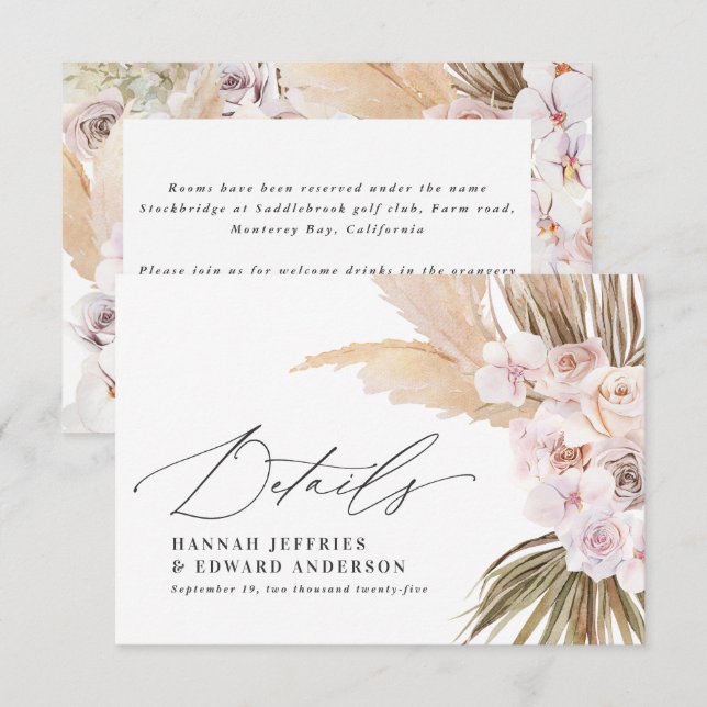 Cartons Réponse Palme feuille pampas herbe naturel rose mariage RS (Devant / Derrière)
