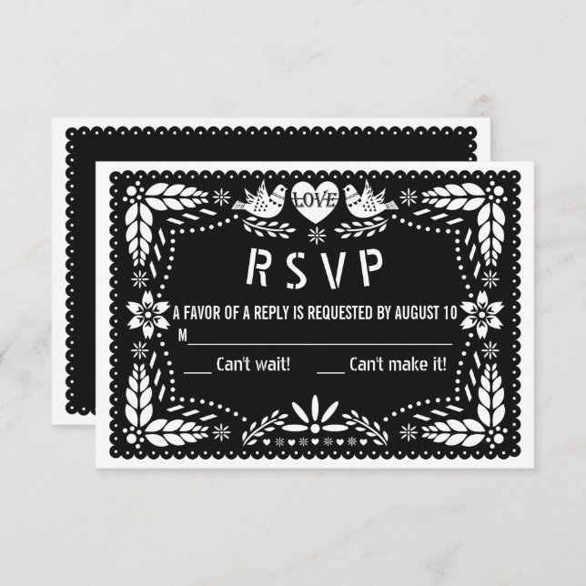 Cartons Réponse Pape noir picado inséparables et fleurs mariage (Devant / Derrière)