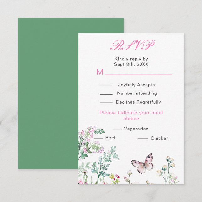 Cartons Réponse Papillon vert floral de mariage printanier (Devant / Derrière)