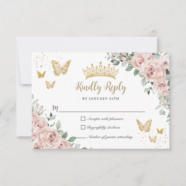 Cartons Réponse Papillons Floraux Rose Dusty Gold Quinceañera (Devant)