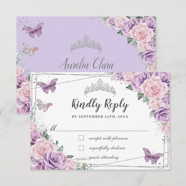 Cartons Réponse Papillons Lilac Rose Floral Rose Quinceañera (Devant / Derrière)