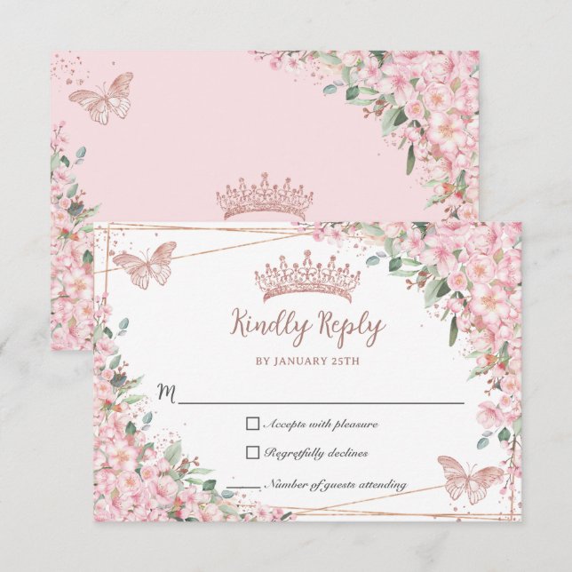 Cartons Réponse Papillons Roses en fleurs de cerisier Quinceañera (Devant / Derrière)