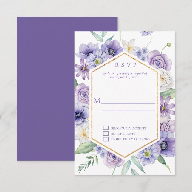 Cartons Réponse Pâquerettes violettes, Anémones, Roses Cadre géomé (Devant / Derrière)
