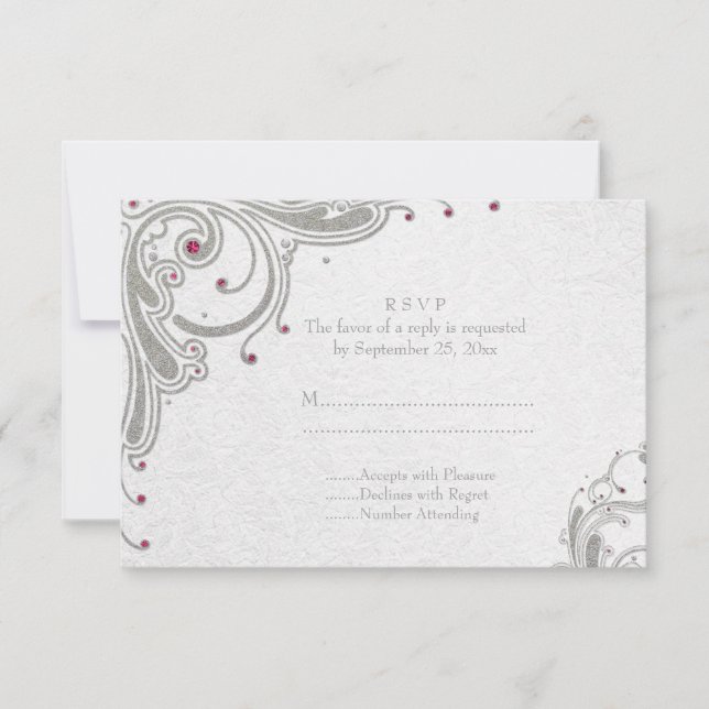 Cartons Réponse Parties scintillant argent tourbillons + bijoux ro (Devant)