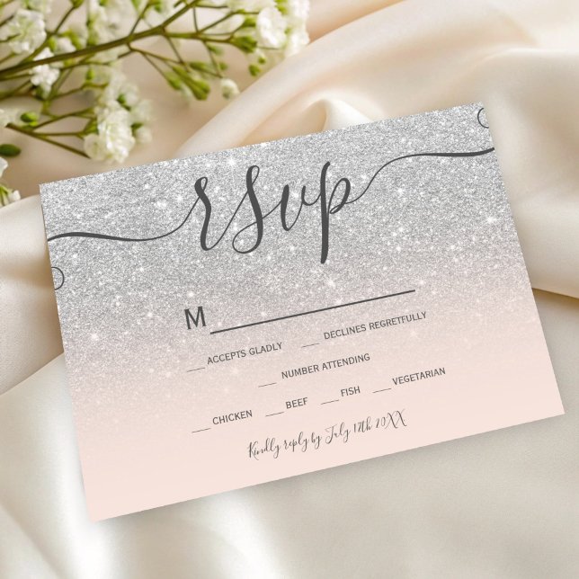 Cartons Réponse Parties scintillant argenté rose pâle script chic  (Silver glitter blush pink script chic rsvp)