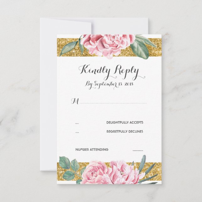 Cartons Réponse Parties scintillant d'or rayures rose mariage flor (Devant)