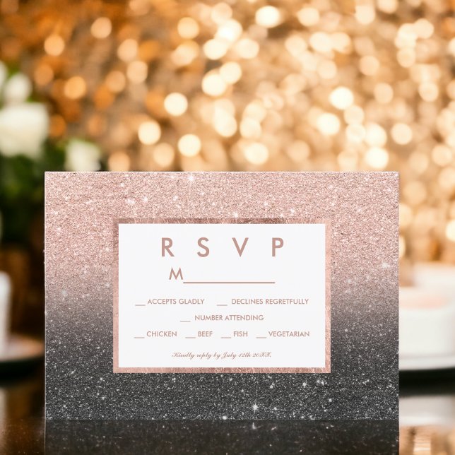 Cartons Réponse Parties scintillant en or rose noir ombre mariage  (Black rose gold glitter ombre RSVP wedding)