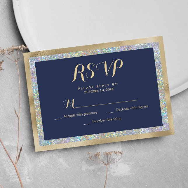 Cartons Réponse Parties scintillant holographique en or bleu marin (Navy blue gold silver holographic glitter RSVP )
