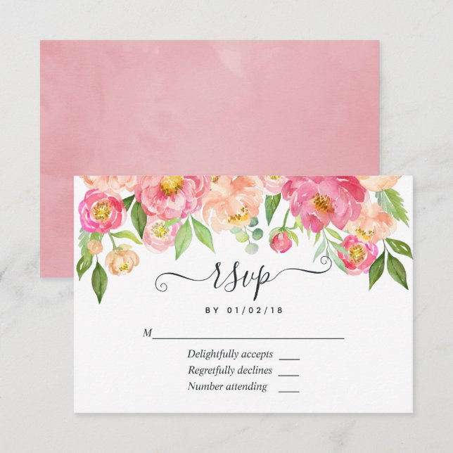 Cartons Réponse Pastel Rose Printemps Aquarelle pivoines Mariage R (Devant / Derrière)