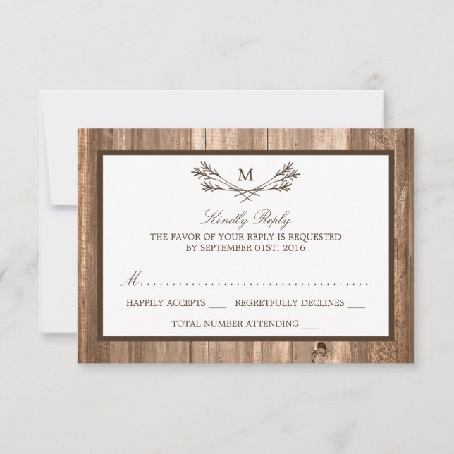 Cartons Réponse Pays Monogramme rustique Branche & Mariage en bois (Devant)