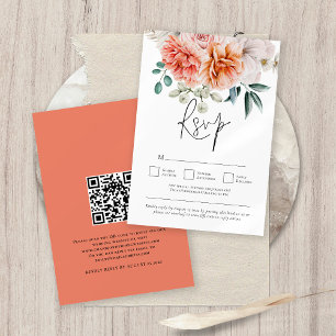 Cartons Réponse Peach Coral Peonies Florals QR Code Mariage