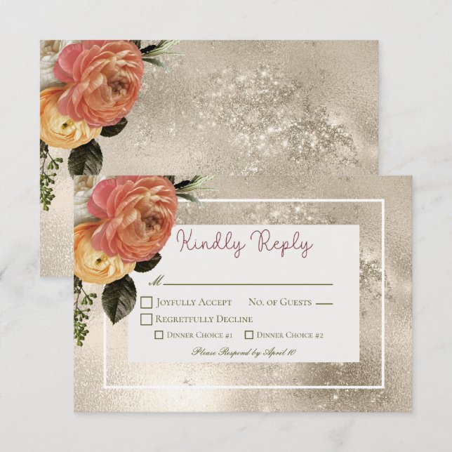 Cartons Réponse Peach Mimosa Blooms Floral Mariage Or (Devant / Derrière)