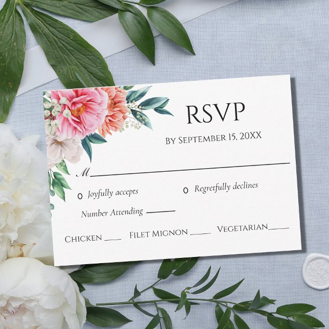 Cartons Réponse Peonées de Pêche Rose Mariage d'Eucalyptus Floral (Créateur téléchargé)