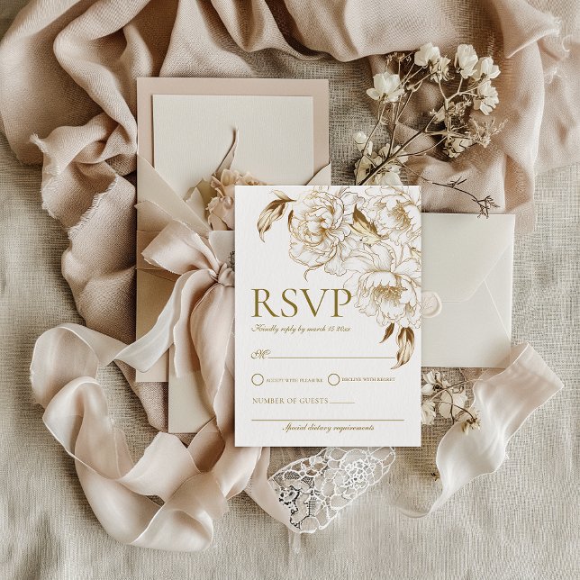 Cartons Réponse Peonies florales Blanc Golden Elegant Mariage (Créateur téléchargé)