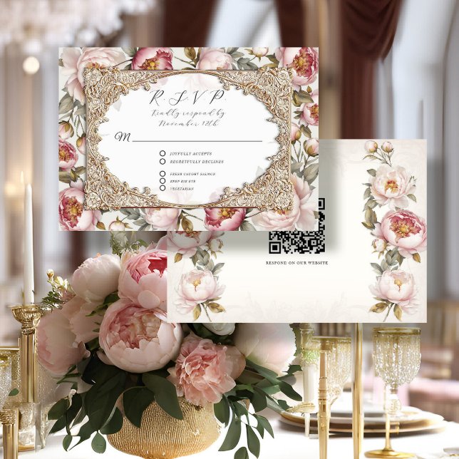 Cartons Réponse Peony Floral Elegant or rose et ivoire Mariage (Créateur téléchargé)