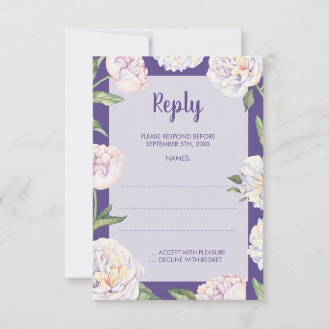 Cartons Réponse Peony Floral Violet Violet Violet Mariage Répondre (Devant)