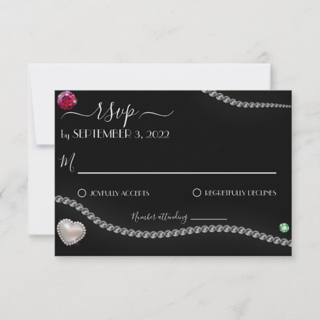 Cartons Réponse Perles et bijoux élégants sur Mariage satiné noir (Devant)