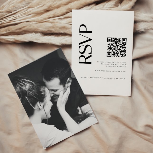 Cartons Réponse Photo moderne noir et blanc QR Code Mariage (Créateur téléchargé)