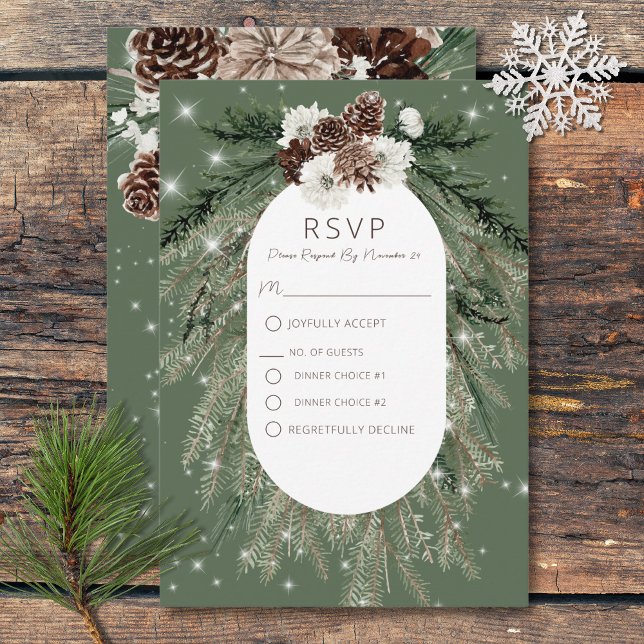 Cartons Réponse Pine Verte Rustique Étincelle D'Hiver Deux Dîners (Rustic Green Pine Winter Sparkle Two Dinner Wedding RSVP Card)