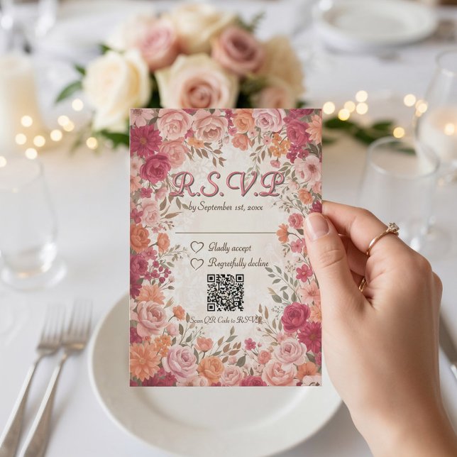 Cartons Réponse Pink & Red Romantic Spring Floral QR Code Wedding (Créateur téléchargé)