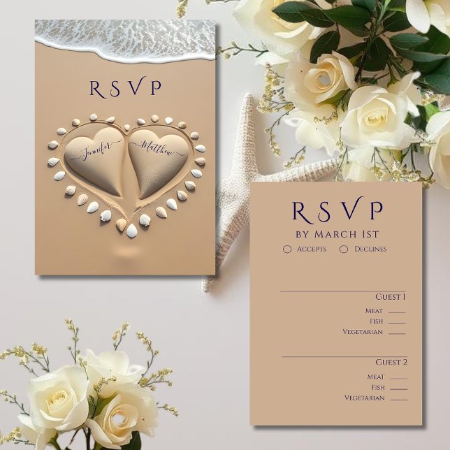 Cartons Réponse Plage Mariage RSVP-Repas options (Beach Wedding RSVP-Meal options RSVP Card Sand Hearts)