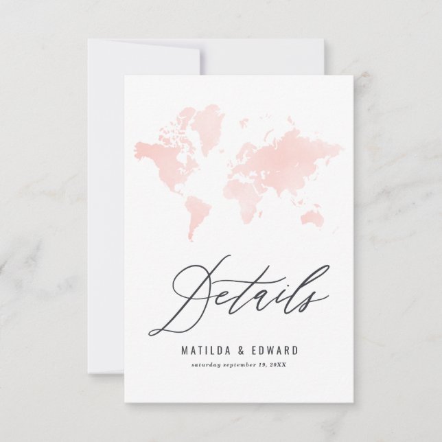 Cartons Réponse Plan du monde en aquarelle rose Détails du mariage (Devant)
