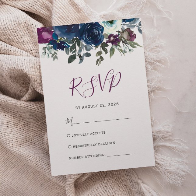 Cartons Réponse Plum Aquarelle Floral Marine Mariage bleu (Créateur téléchargé)