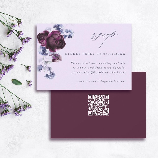 Cartons Réponse Plum violet & Indigo bleu élégant Floral QR Code (Front & Back)