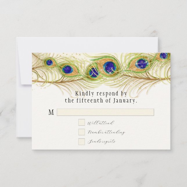 Cartons Réponse Plumes de Peacock de Swirl moderne Monogramme Mono (Devant)